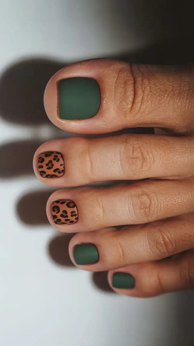 Cute Spring Toe Nail Color Ideas 2026 Earthy Green And Playful Leopard Accent Pedicure
