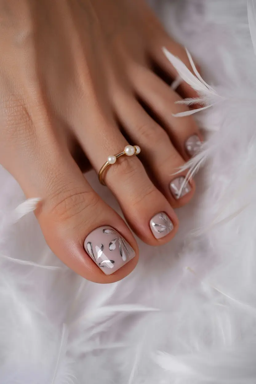 spring toe nail color 2026 Soft Neutral Pedicure with Silver Leaf Accents