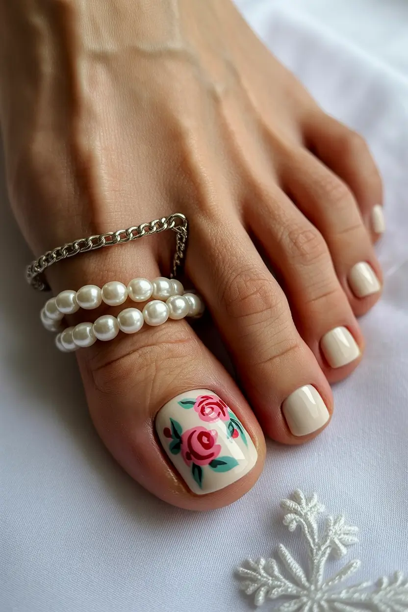 spring toe nail color 2026 Classic Cream Pedicure with Romantic Rose Accent