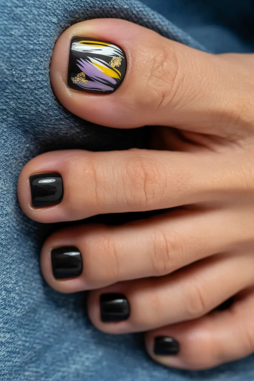 Cute Spring Toe Nail Color Ideas 2026 Glossy Black Pedicure With Abstract Accent Art