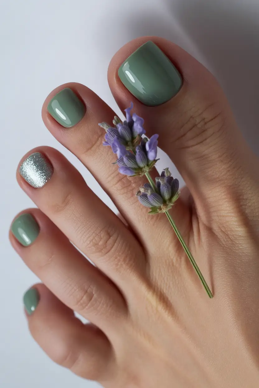 Cute Spring Toe Nail Color Ideas 2026 Fresh Sage Green Pedicure With Subtle Sparkle Accent