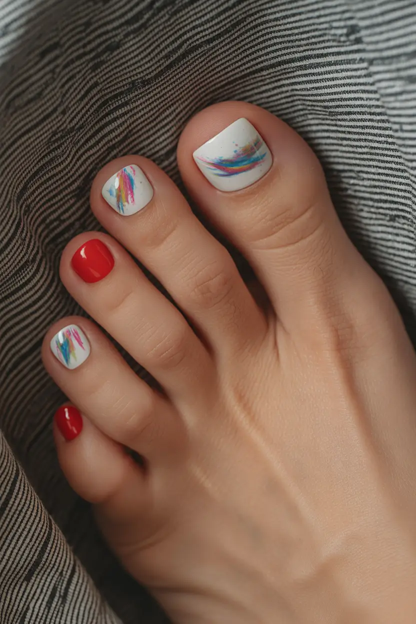 Cute Spring Toe Nail Color Ideas 2026 Playful White Pedicure With Colorful Brushstroke Art