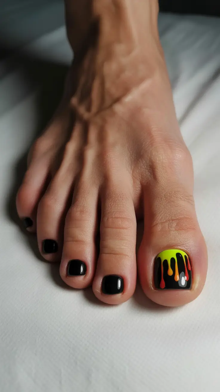 Cute Spring Toe Nail Color Ideas 2026 Bold Black Pedicure With Neon Drip Accent