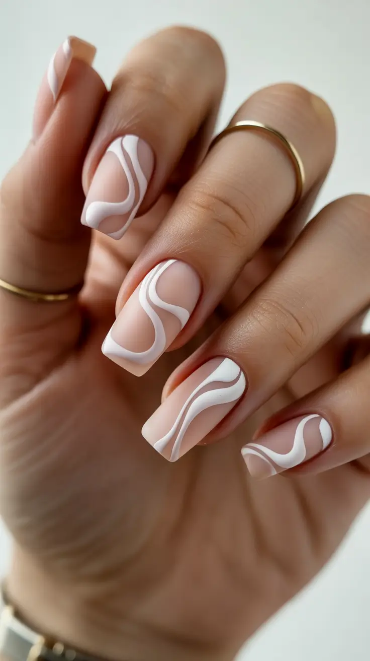 Cute Spring Wedding Nails For 2026 Modern White Wave Square Nails for a Minimal Bridal Statement