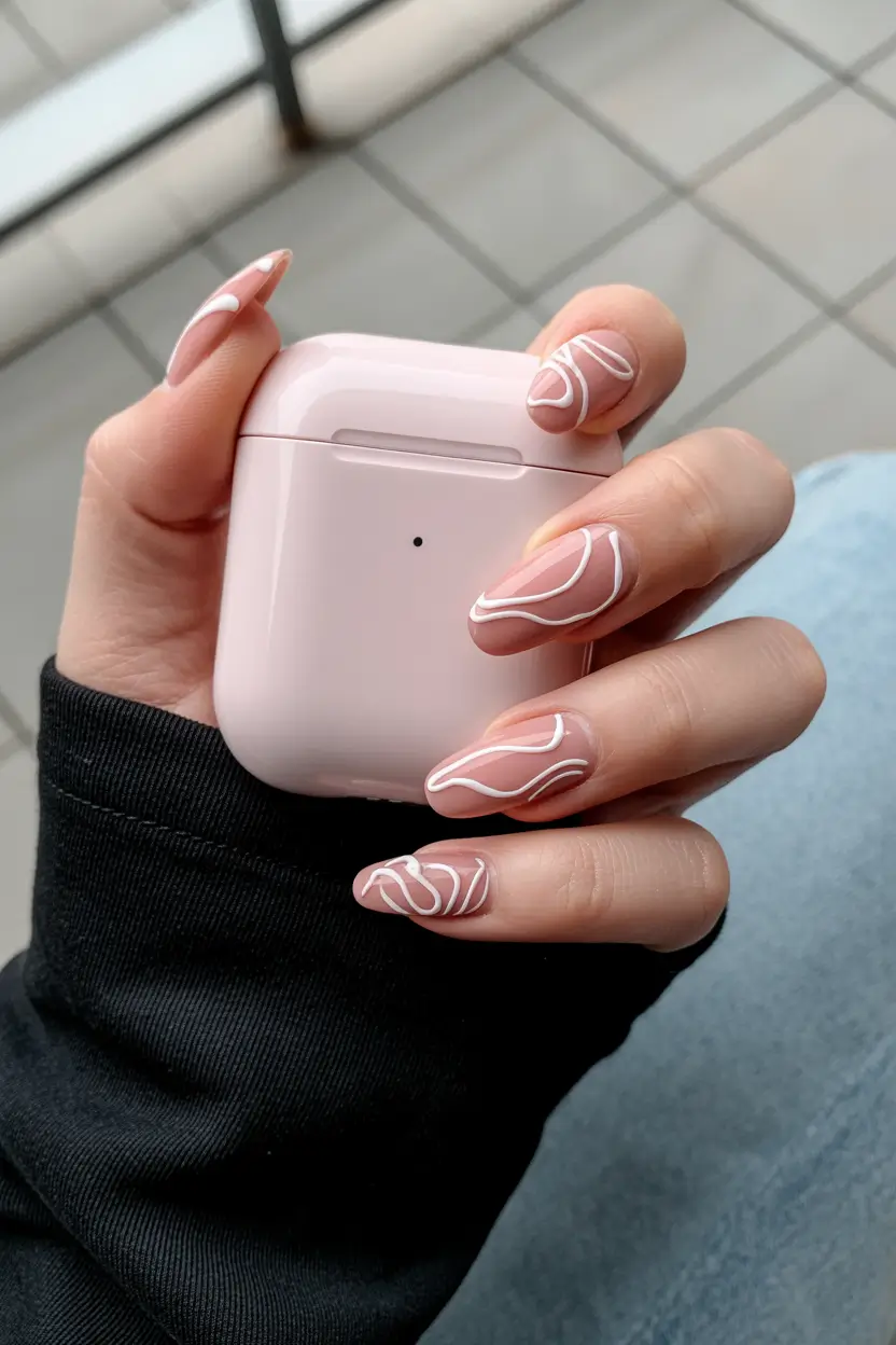 Cute Spring Wedding Nails For 2026 Abstract White Swirl Almond Nails for a Trend Forward Guest