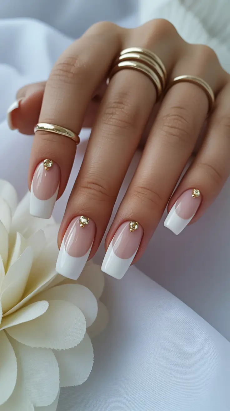Cute Spring Wedding Nails For 2026 Classic French Square Nails with Crystal Bridal Touch