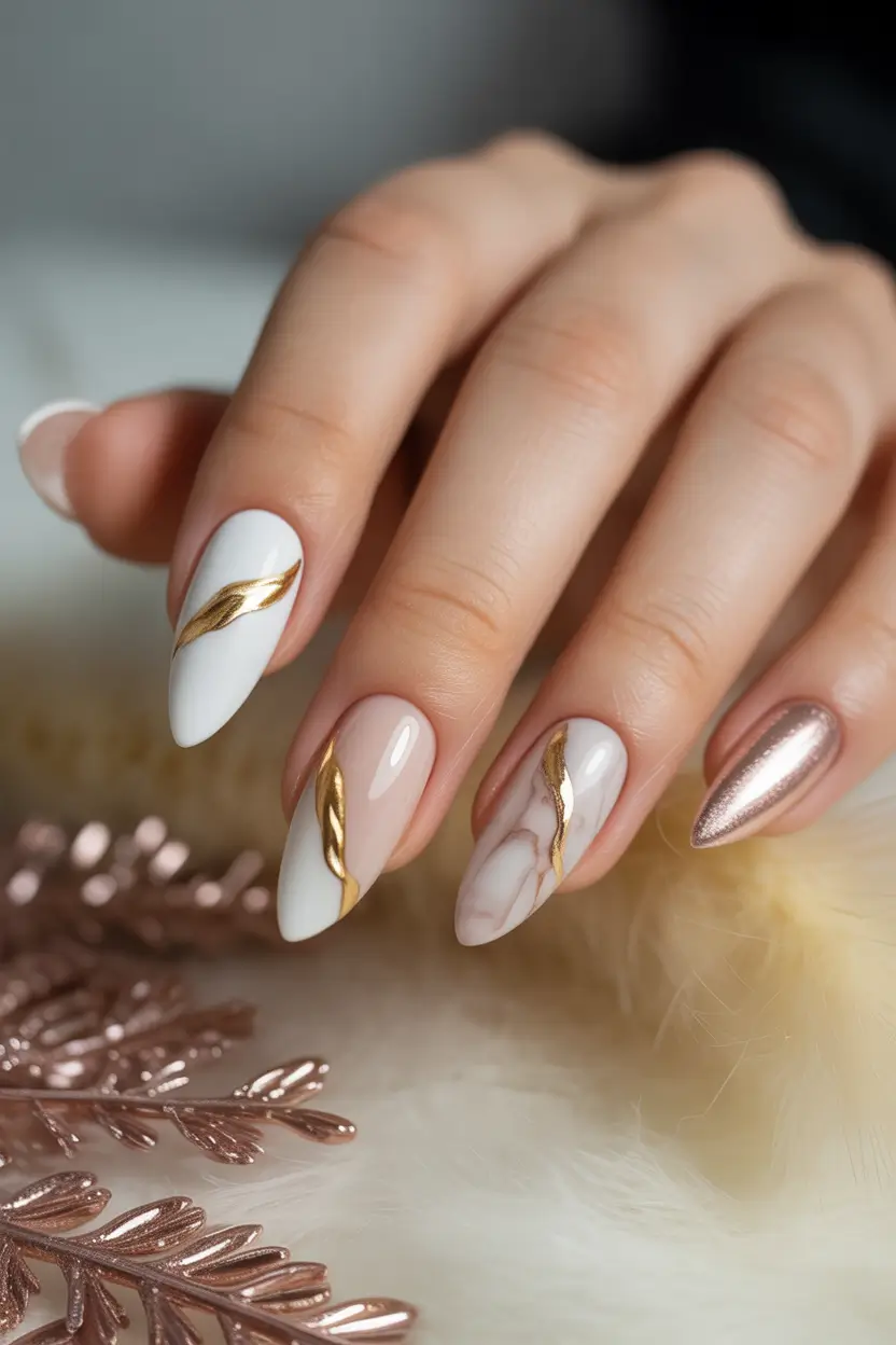 Cute Spring Wedding Nails For 2026 Marble Neutrals With Liquid Gold Lines