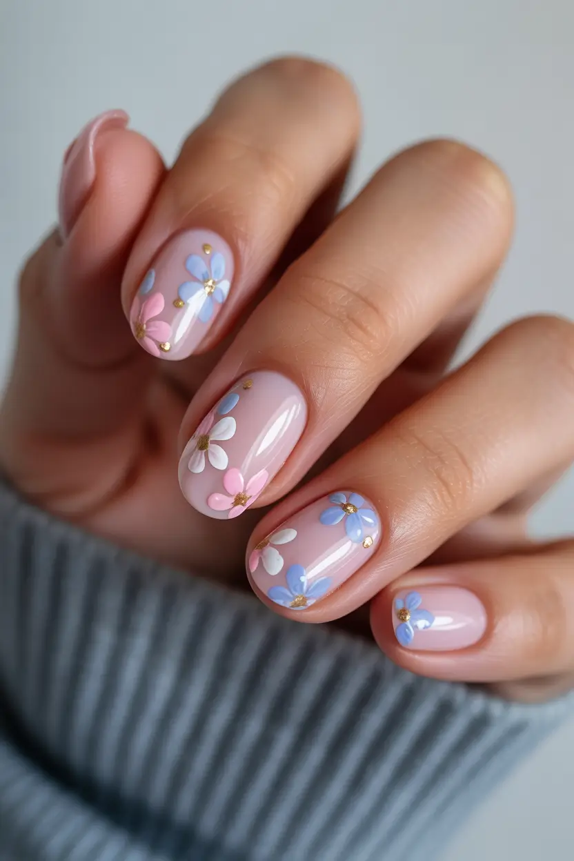 Cute Spring Wedding Nails For 2026 Pastel Floral Short Nails for a Cute Spring Wedding Guest