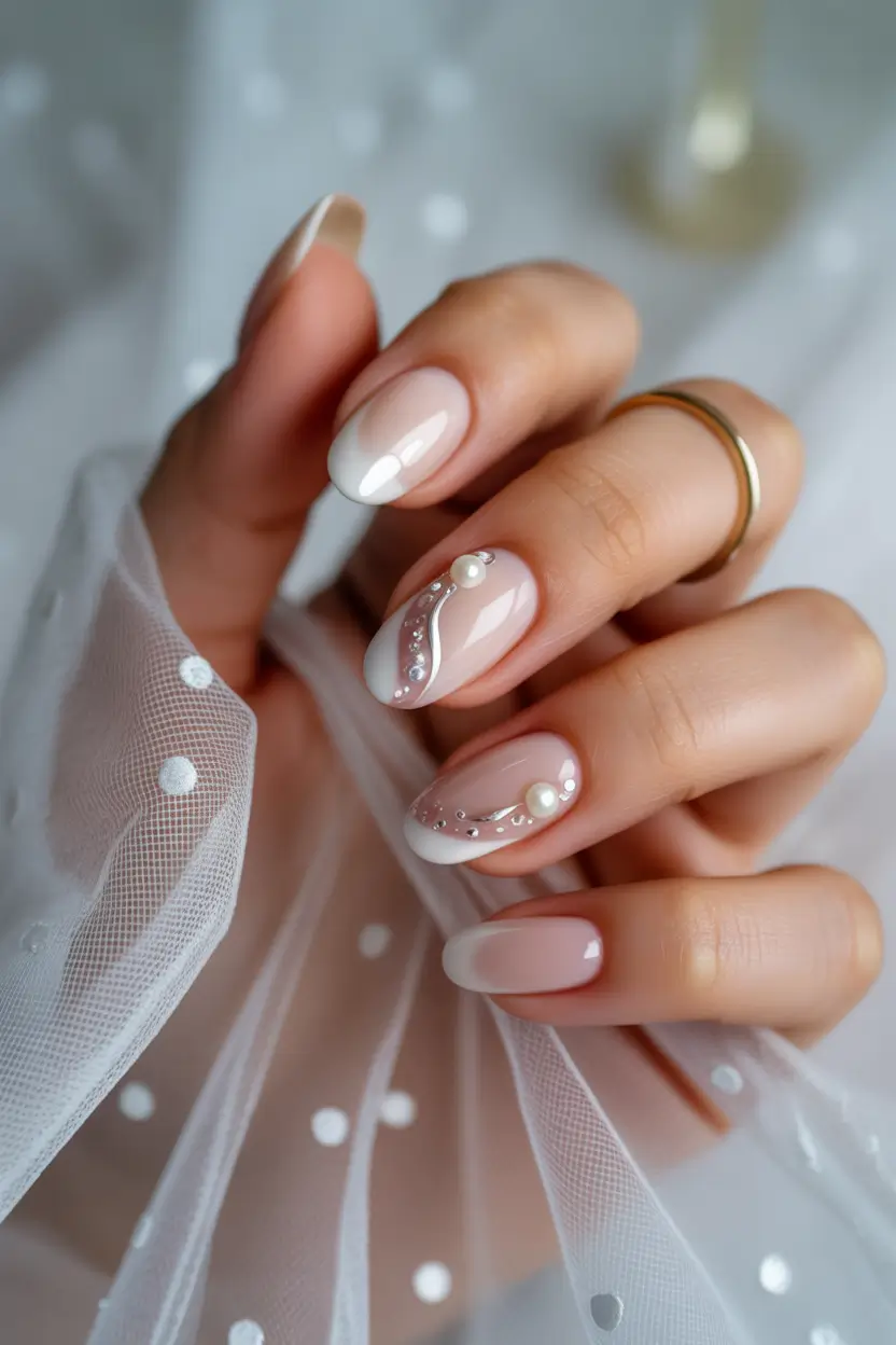 Cute Spring Wedding Nails For 2026 Pearl Accent French Nails for a Romantic Bride