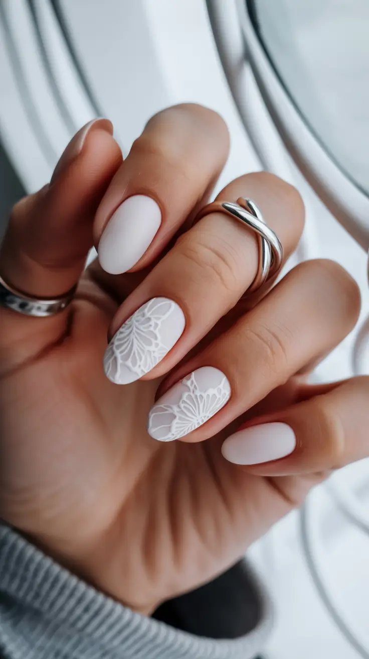 Cute Spring Wedding Nails For 2026 Matte White Lace Nails for a Classy Bridal Look