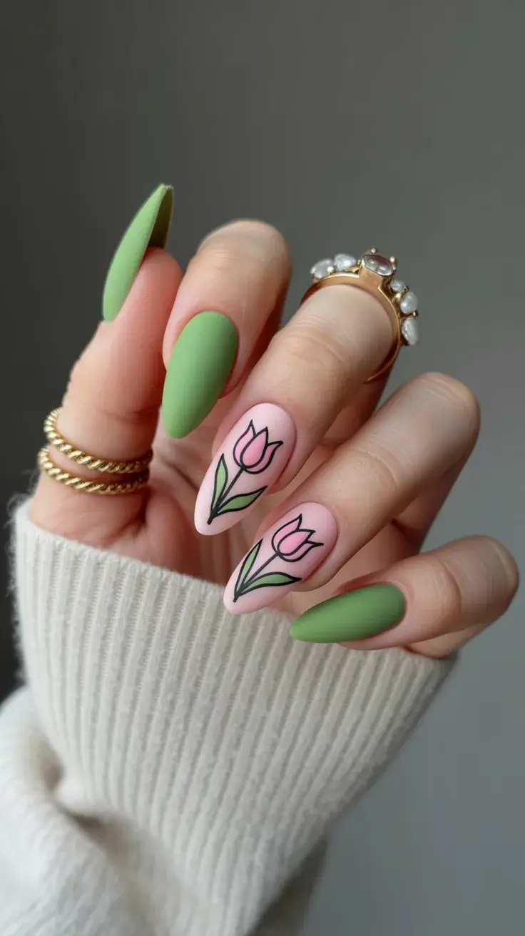 Easter Nails Color Ideas 2026 Soft Tulip Pastel Nails with Fresh Spring Green