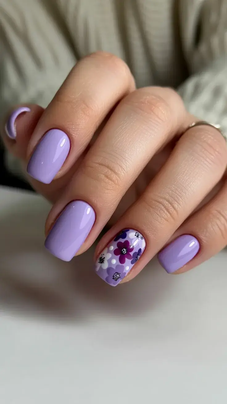 Easter Nails Color Ideas 2026 Simple Lavender Short Easter Nails with Floral Detail