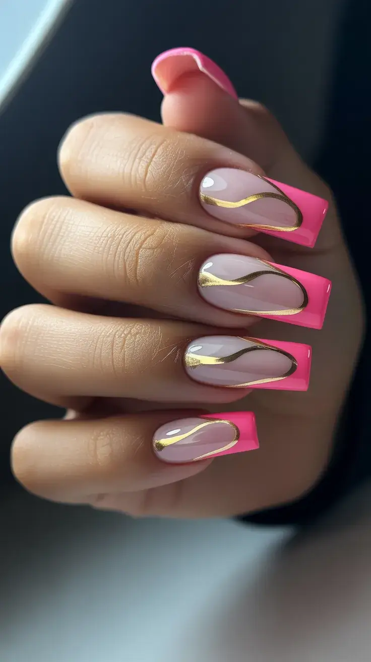 easter nails color ideas 2026 Hot Pink French Tips with Gold Swirl Accents