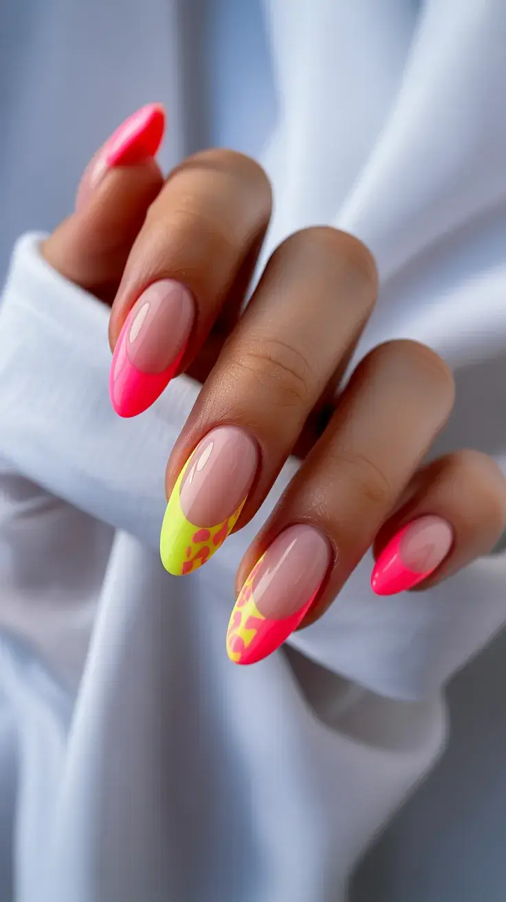 easter nails color ideas 2026 Neon Pink and Lime Almond Spring Tips