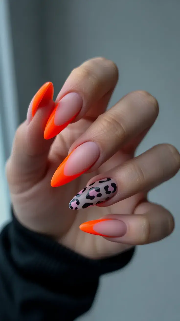 easter nails color ideas 2026 Electric Orange Almond Nails with Leopard Accent