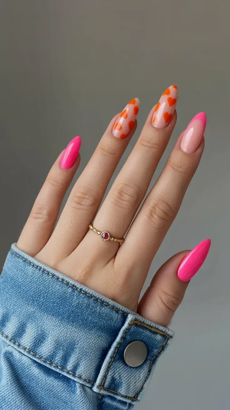 easter nails color ideas 2026 Glossy Pink Almond Nails with Tiny Orange Hearts
