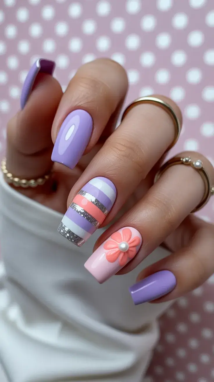 Easter Nails Color Ideas 2026 Playful Pastel Stripe Nails with Floral Accent