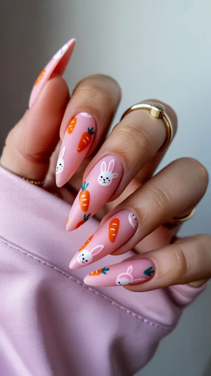 easter nails color ideas 2026 Pastel Pink Easter Bunny and Carrot Nail Art