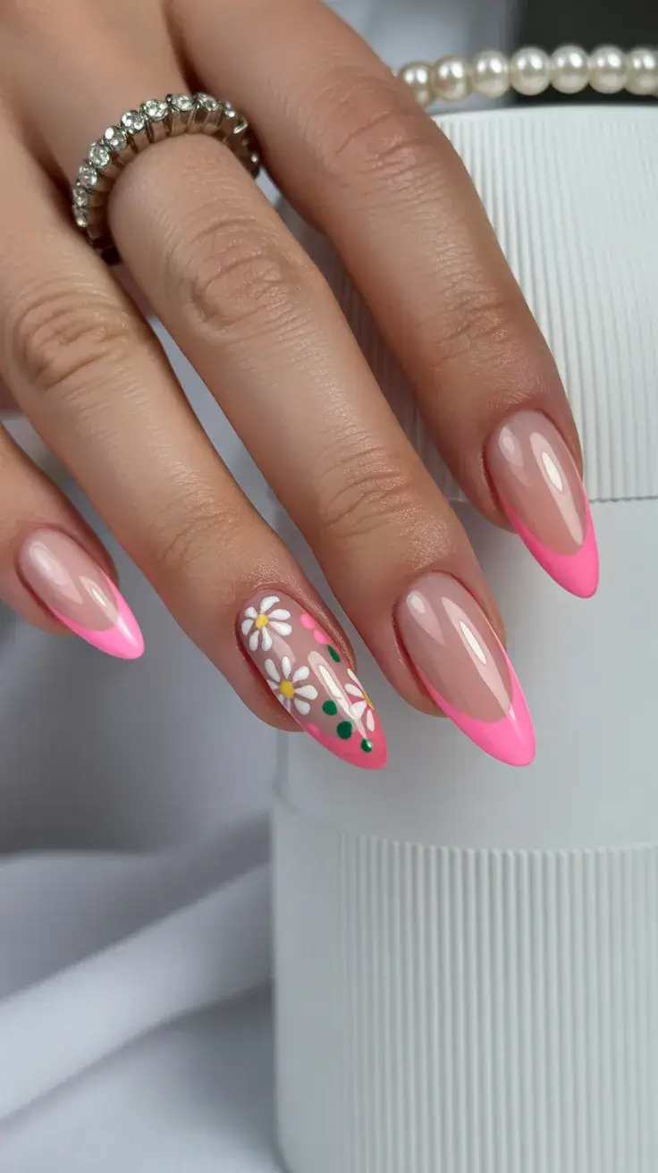 Easter Nails Color Ideas 2026 Bright Pink French Easter Nails with Daisy Accent