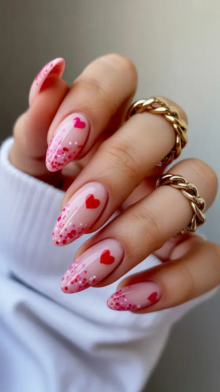 Easter Nails Color Ideas 2026 Soft Pink Easter Nails with Heart Confetti Design
