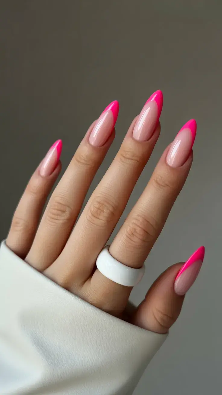 Easter Nails Color Ideas 2026 Minimal Neon Pink French Tip Almond Nails