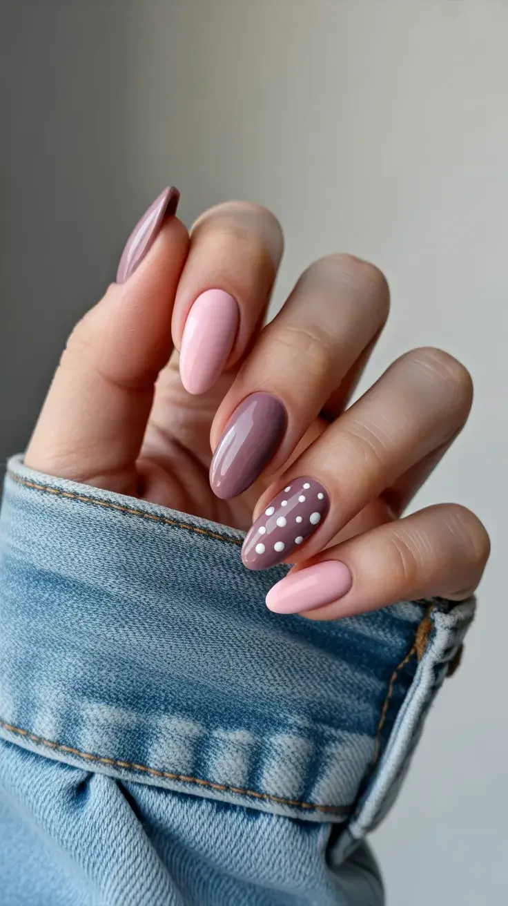 Easter Nails Ideas 2026 Soft Pink and Mauve Easter Nails with Polka Dot Accent