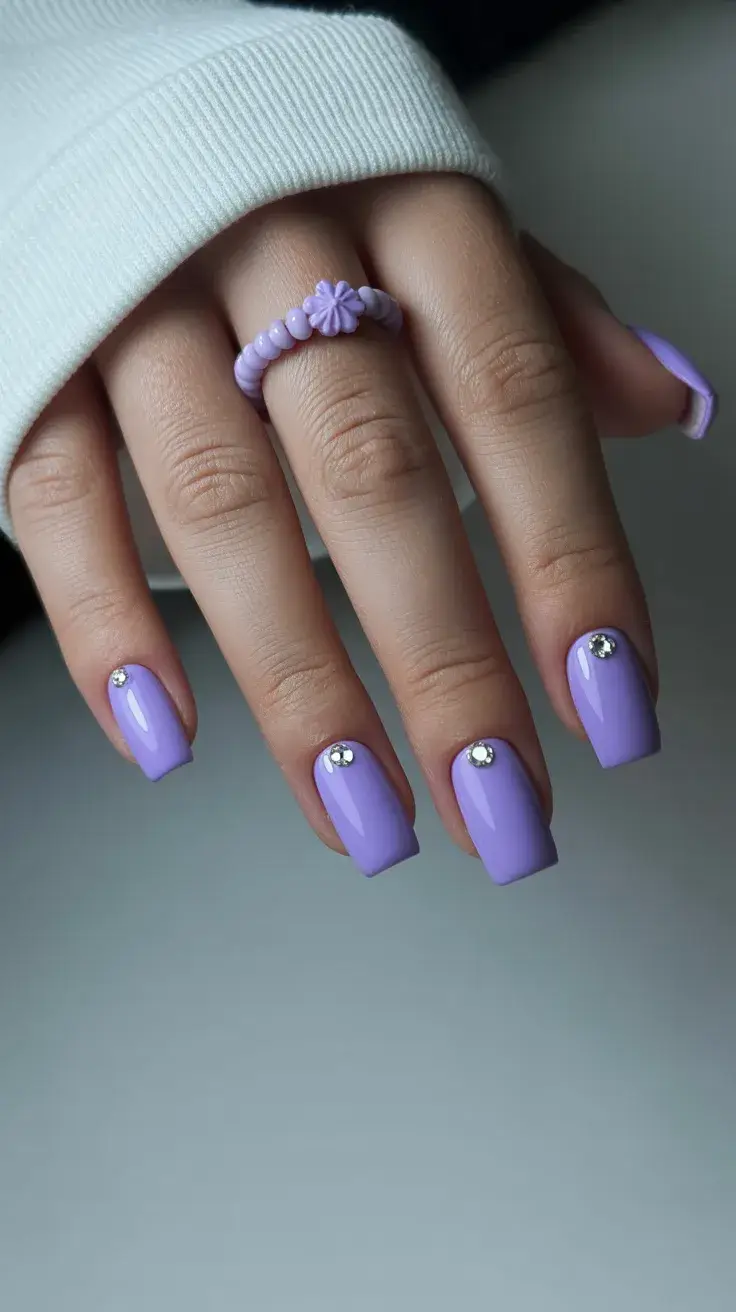 Easter Nails Ideas 2026 Lavender Easter Nails with Crystal Cuticle Accent