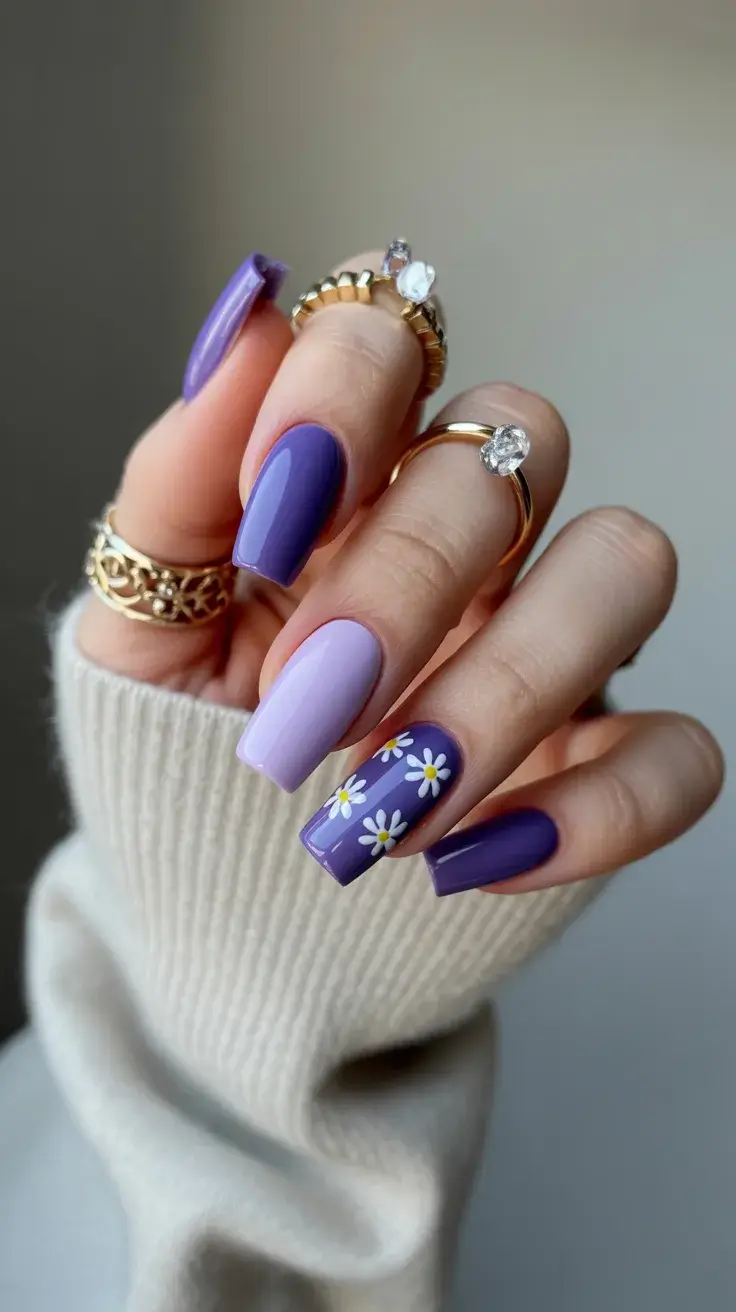 Easter Nails Ideas 2026 Purple Spring Nails with Daisy Flower Art