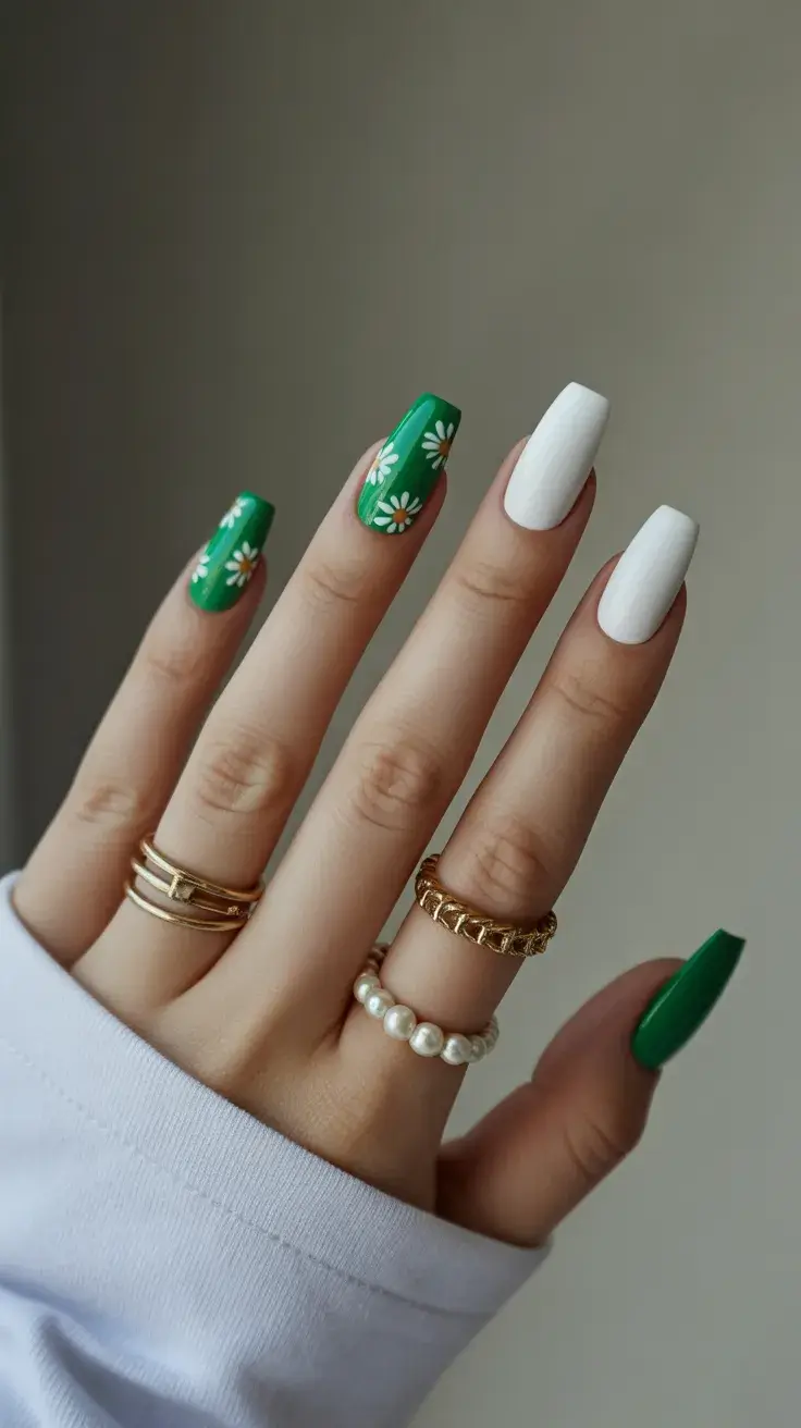 Easter Nails Ideas 2026 Green and White Easter Nails with Daisy Art