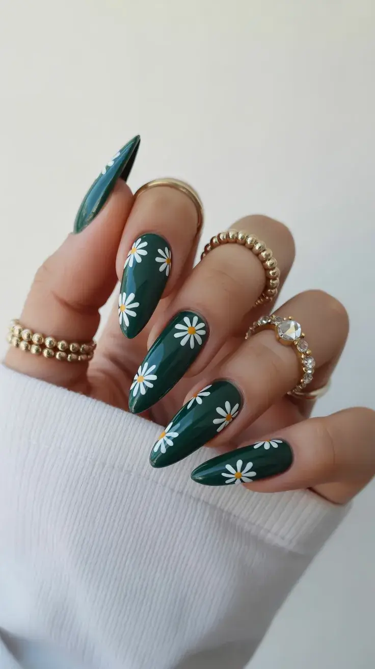 Easter Nails Ideas 2026 Deep Green Daisy Nails for a Fresh Easter Garden Look