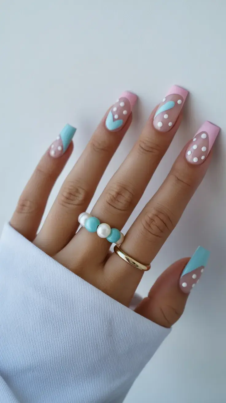 Easter Nails Ideas 2026 Playful Pastel Mix Nails with Dots and Soft Color Blocking