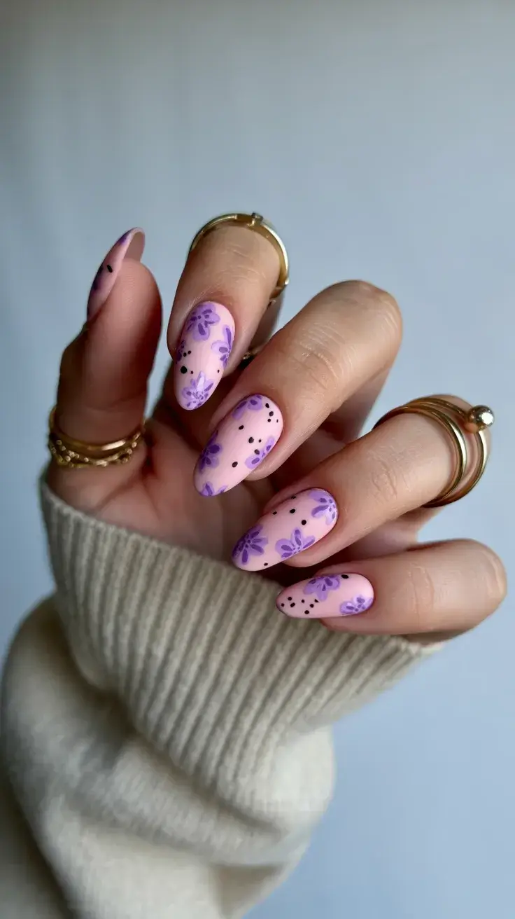 Easter Nails Ideas 2026 Soft Lilac Floral Nails for a Romantic Spring Manicure