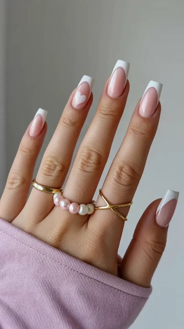 Easter Nails Ideas 2026 Minimalist White French Tips with a Sweet Heart Accent