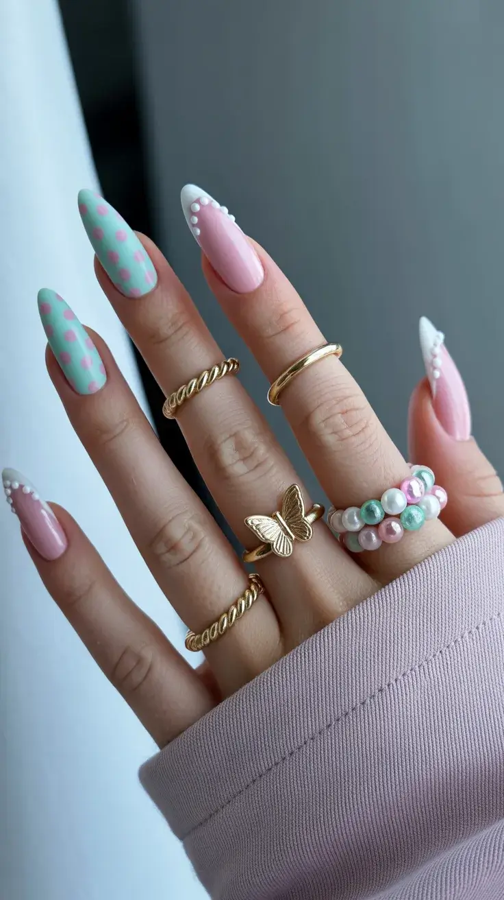 Easter Nails Ideas 2026 Cute Polka Dot Easter Nails with Playful Spring Colors