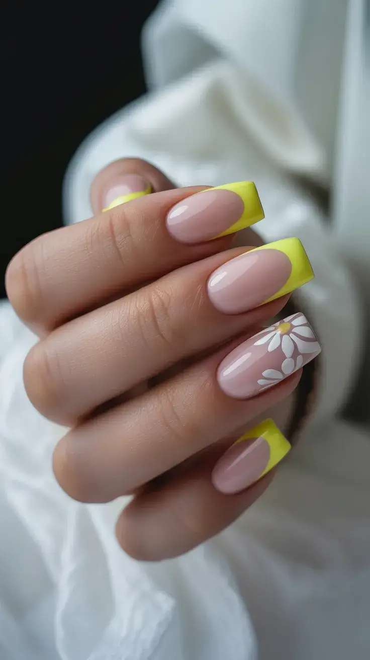 Easter Nails Ideas 2026 Sunny Yellow French Tips with Delicate Daisy Art