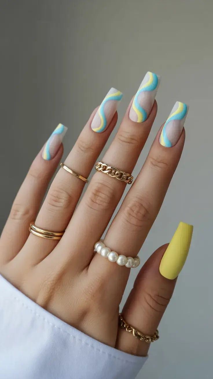Easter Nails Ideas 2026 Yellow and Blue Spring Waves for Cheerful Easter Nails