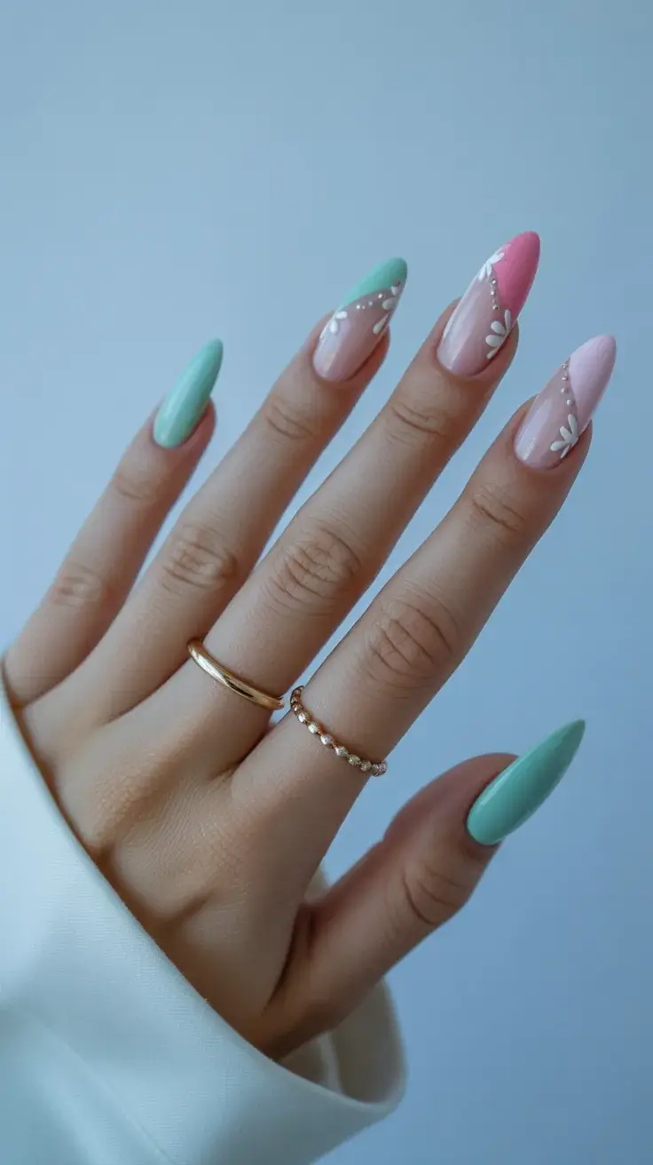 Easter Nails Ideas 2026 Mint and Pink Floral Easter Nail Art