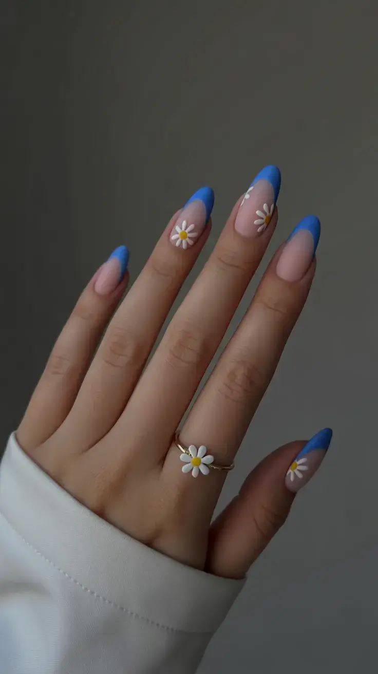 Easter Nails Ideas 2026 Blue Daisy French Tips for Fresh Spring Energy