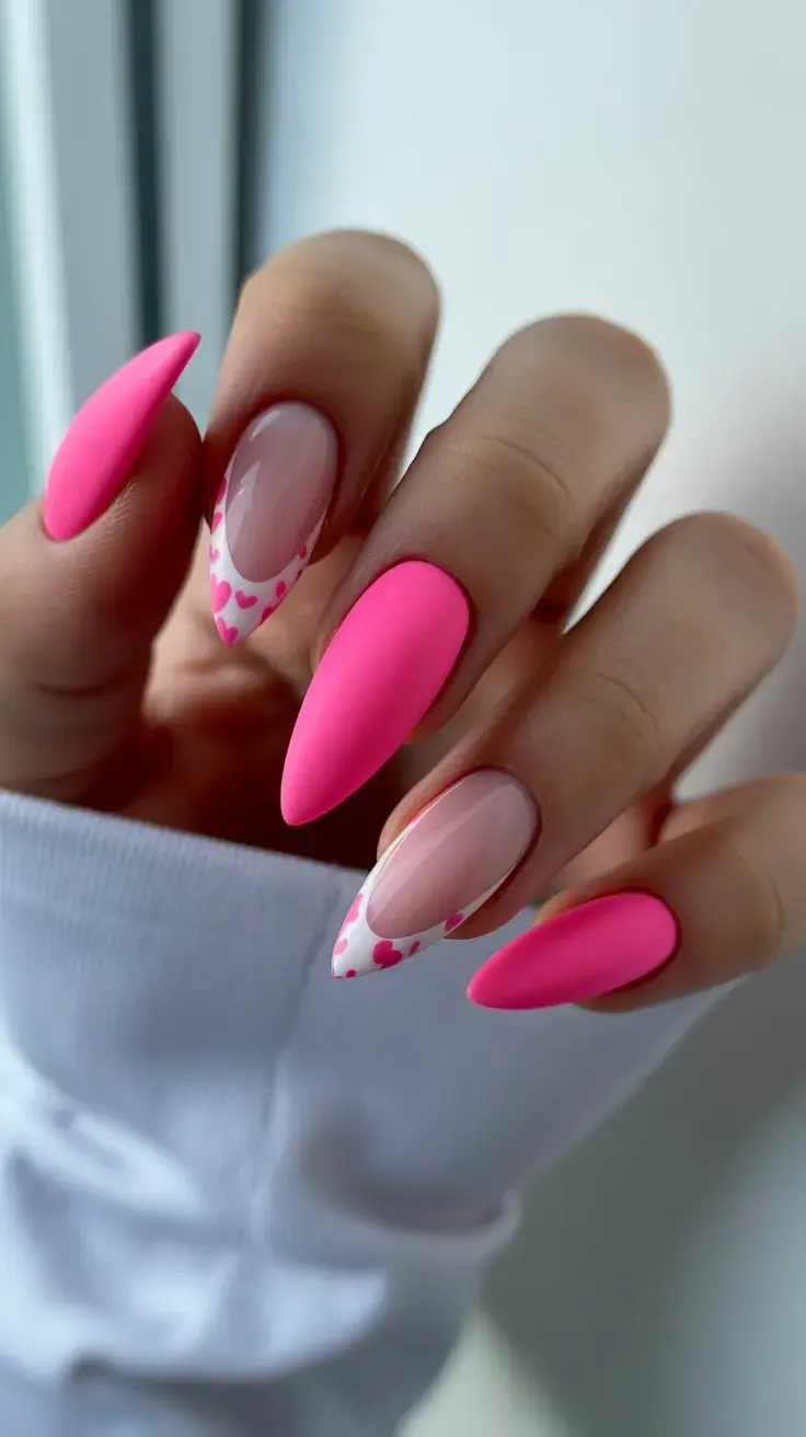 Easter Nails Ideas 2026 Hot Pink Easter Nails with Sweet Heart Accents