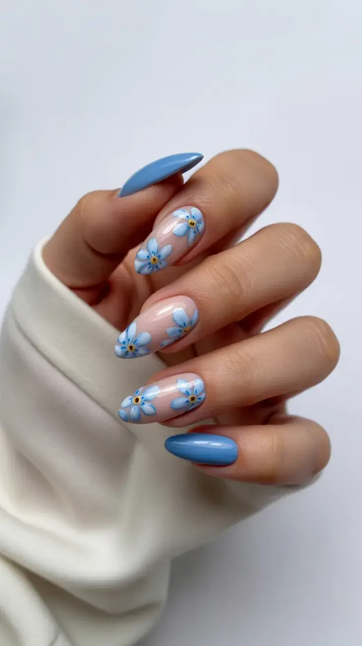 Easter Nails Ideas 2026 Soft Blue Floral Easter Nails for Fresh Spring Energy
