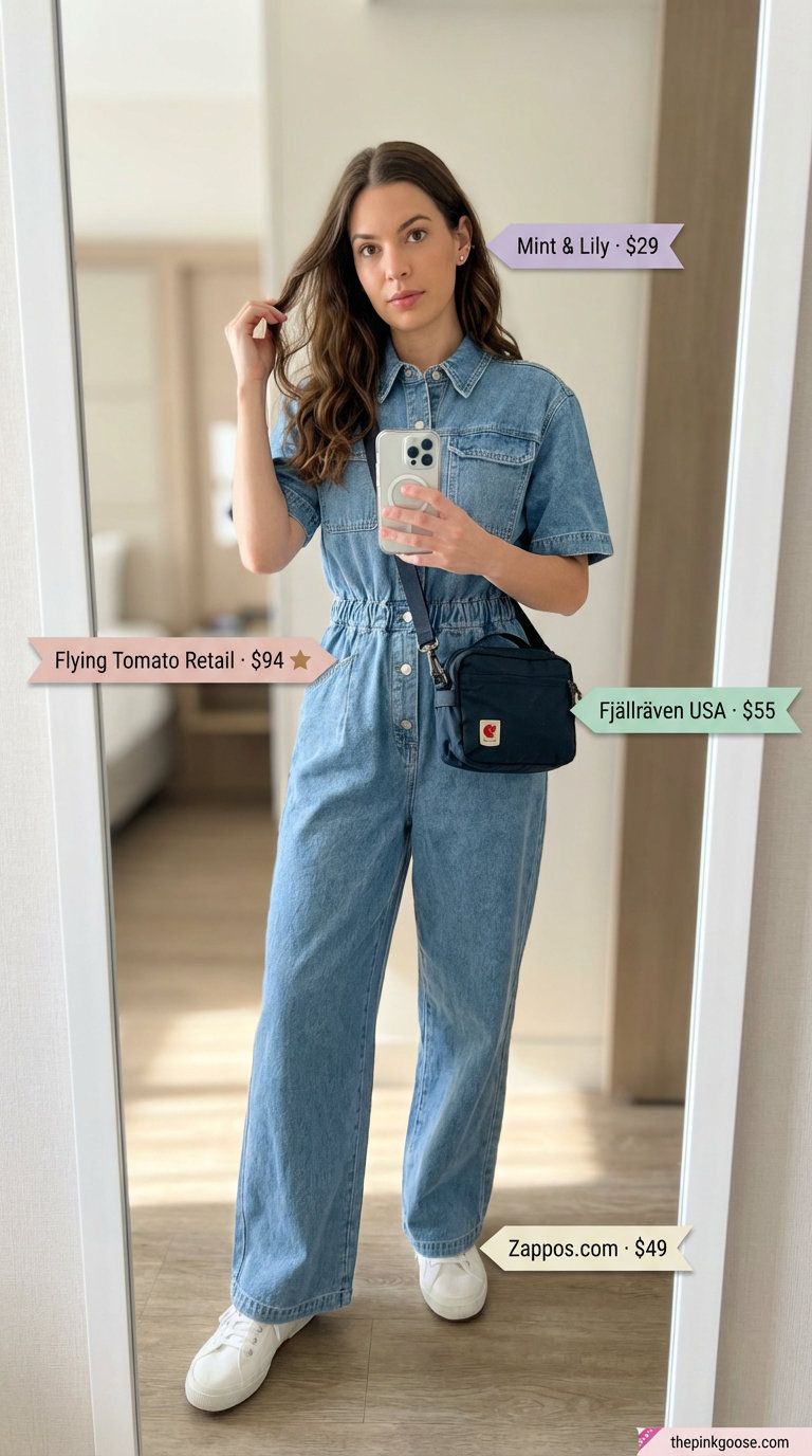 City Escape: Everyday Summer Outfits 2026 Light wash denim utility jumpsuit with white sneakers for comfortable Everyday Summer Outfits for women 2026, ideal for city explorations.