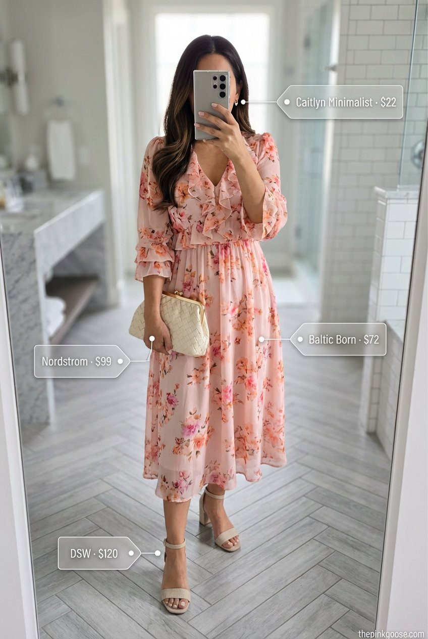 Garden Party Glam: Everyday Summer Outfit 2026 Blush pink floral print midi dress for romantic Everyday Summer Outfits for women 2026, with nude block heel sandals and a clutch.