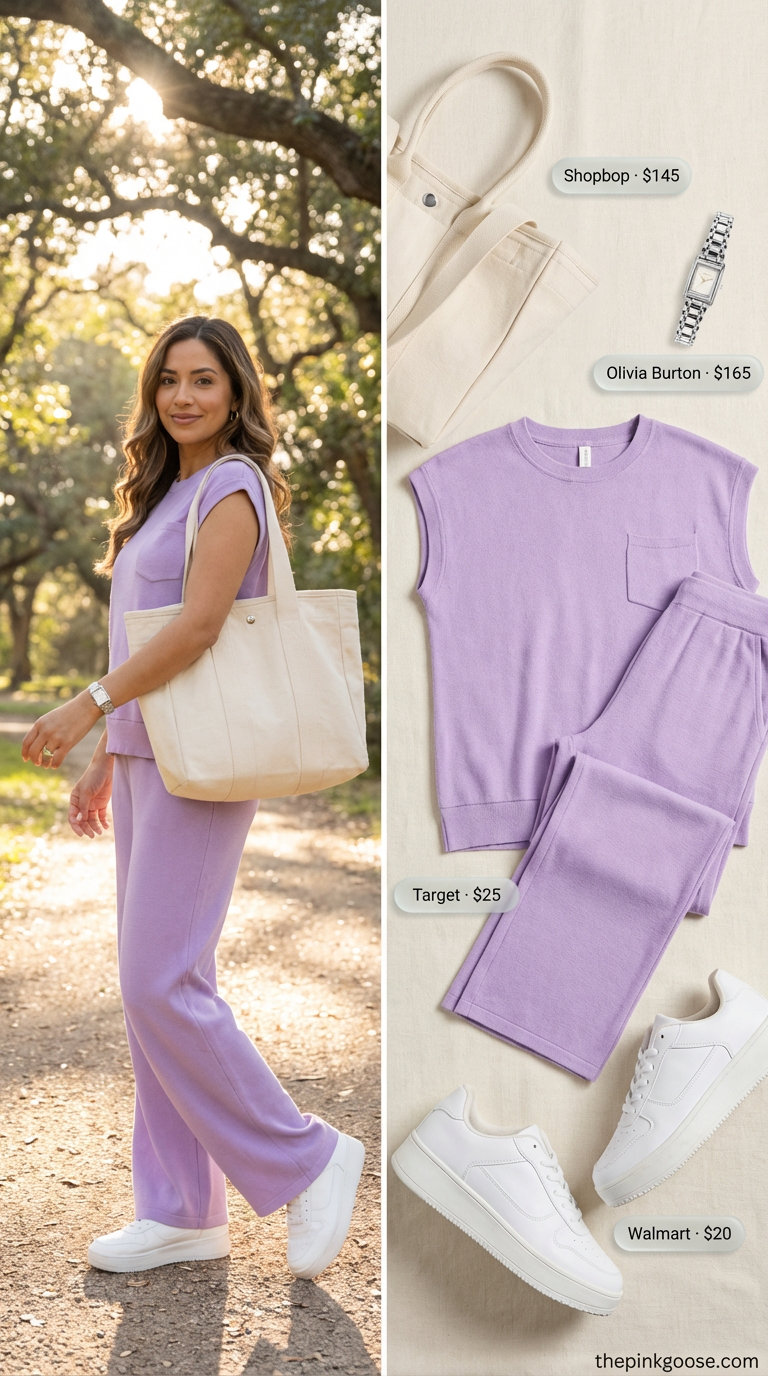Casual Chic Park Style: Everyday Summer Looks 2026 Lavender ribbed knit short sleeve top and wide-leg pants set for cozy Everyday Summer Outfits for women 2026, with white sneakers and a tote.