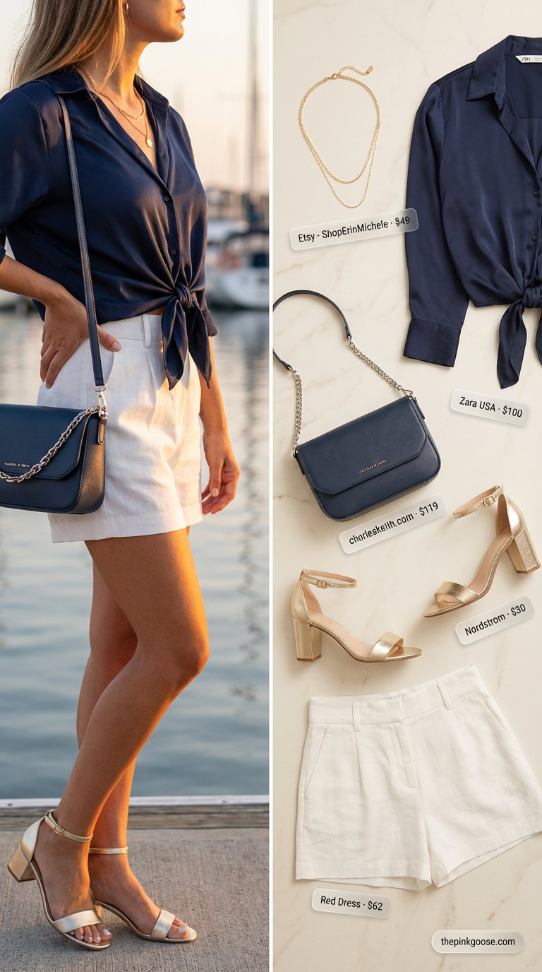 Polished Summer Evening: Everyday Looks 2026 Navy blue silk blend button-down shirt tied with white linen blend shorts for polished Everyday Summer Outfits for women 2026.