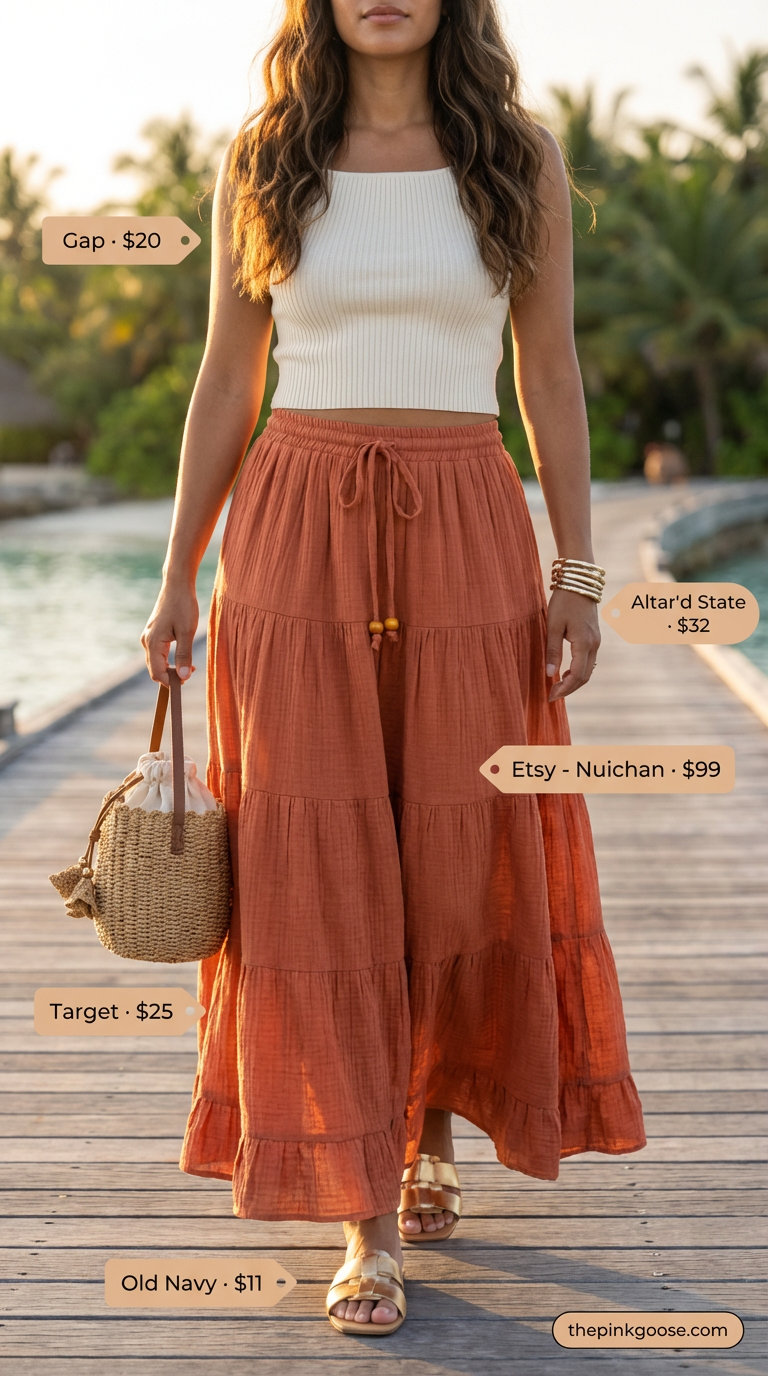 Bohemian Beachside Brunch: Everyday Summer Outfits 2026 Everyday Summer Outfits for women 2026: a terracotta tiered maxi skirt, cream crop top, embellished sandals, and a straw bucket bag for a beachside brunch.