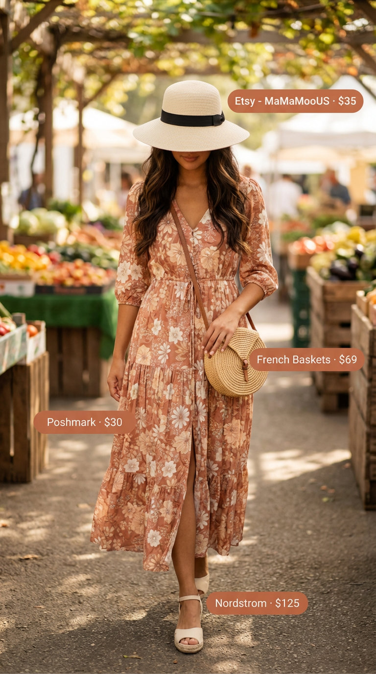 Boho Brunch Vibes: Everyday Summer Outfits 2026 Boho terracota floral maxi dress for everyday summer outfits for women paired with espadrille sandals and a straw bag perfect for brunch.
