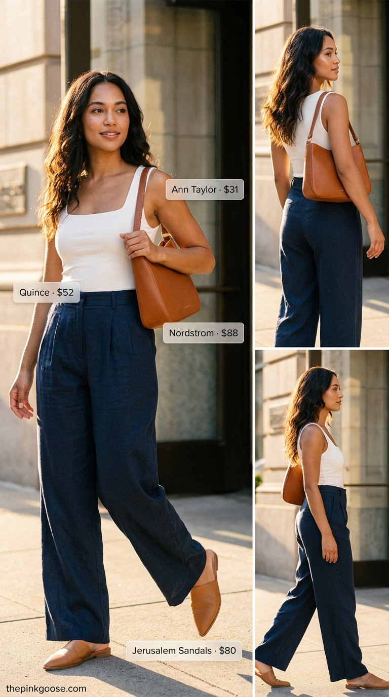 City Explorations & Lunch: Everyday Summer Outfits 2026 Everyday Summer Outfits for women 2026: navy linen wide-leg trousers, a white knit top, and tan mules for city explorations.