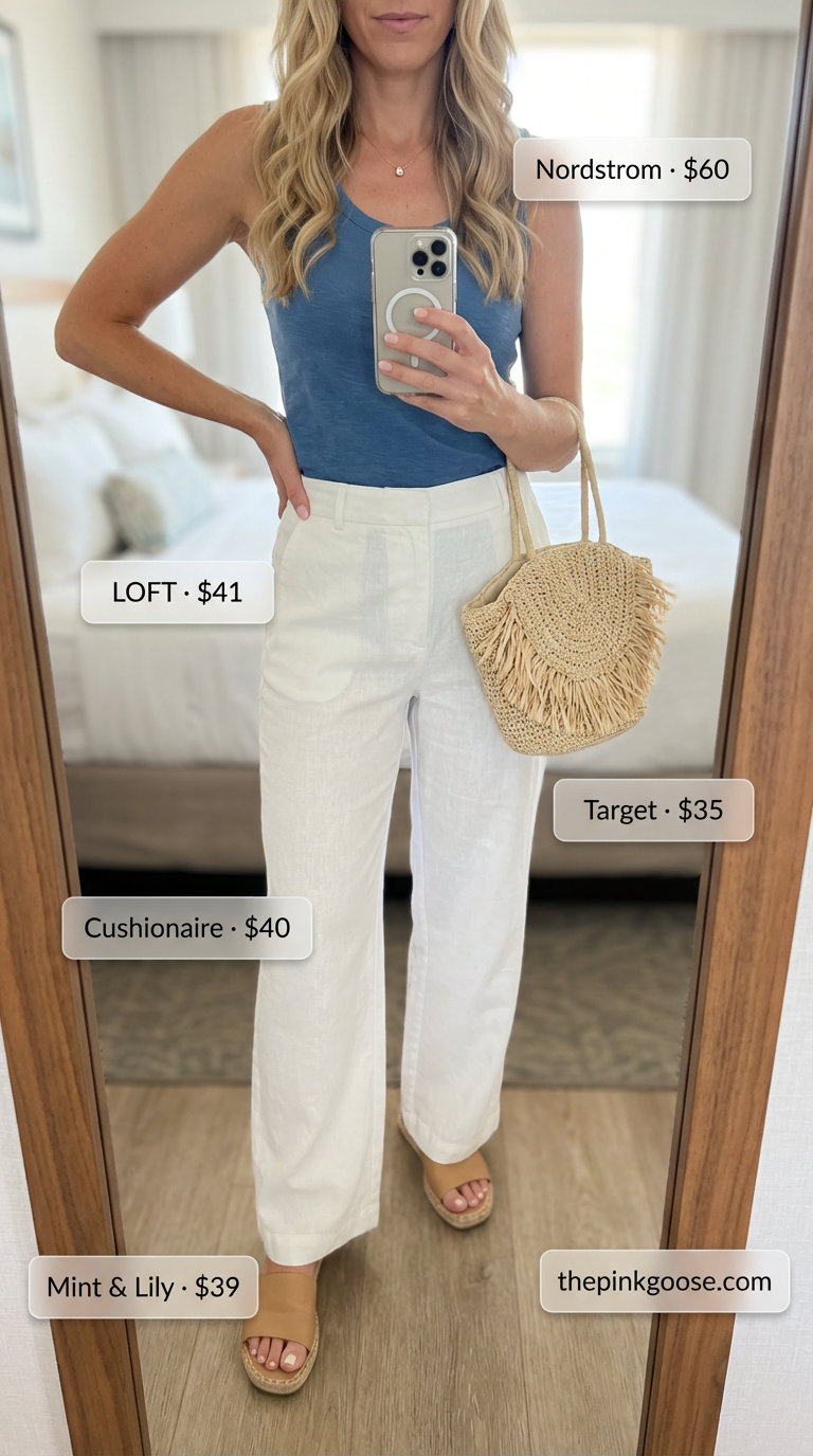 Coastal Morning Brunch: Everyday Summer Outfits 2026 Everyday Summer Outfits for women 2026 featuring white wide-leg linen pants, a sky blue tank top, and tan slide sandals for a relaxed morning brunch.