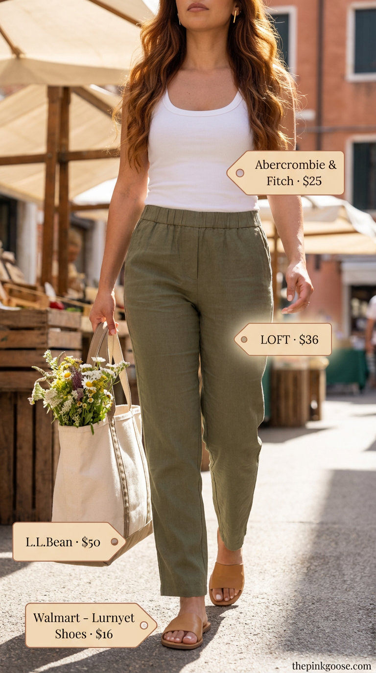Market Day Perfection: Everyday Summer Outfits 2026 Effortless olive green linen blend pants for everyday summer outfits for women, paired with a white tank top and tan slide sandals.