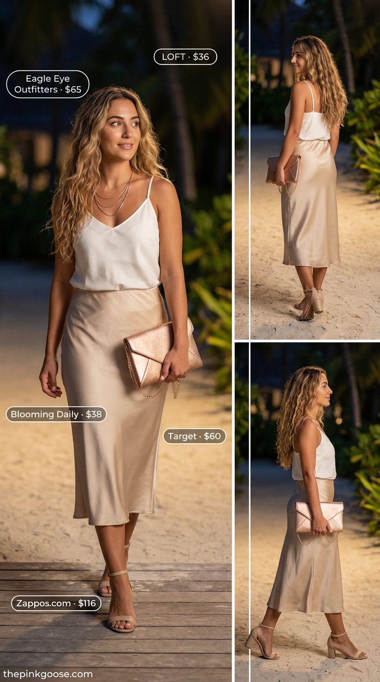 Garden Party Grace: Everyday Summer Outfits 2026 Elegant champagne gold satin slip midi skirt for everyday summer outfits for women, with an ivory camisole and rose gold sandals.